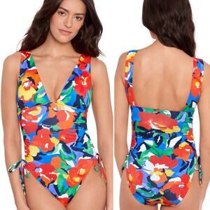 Lauren Ralph Lauren Floral Shirred Plunge One Piece Swimsuit Women’s 14 NWT